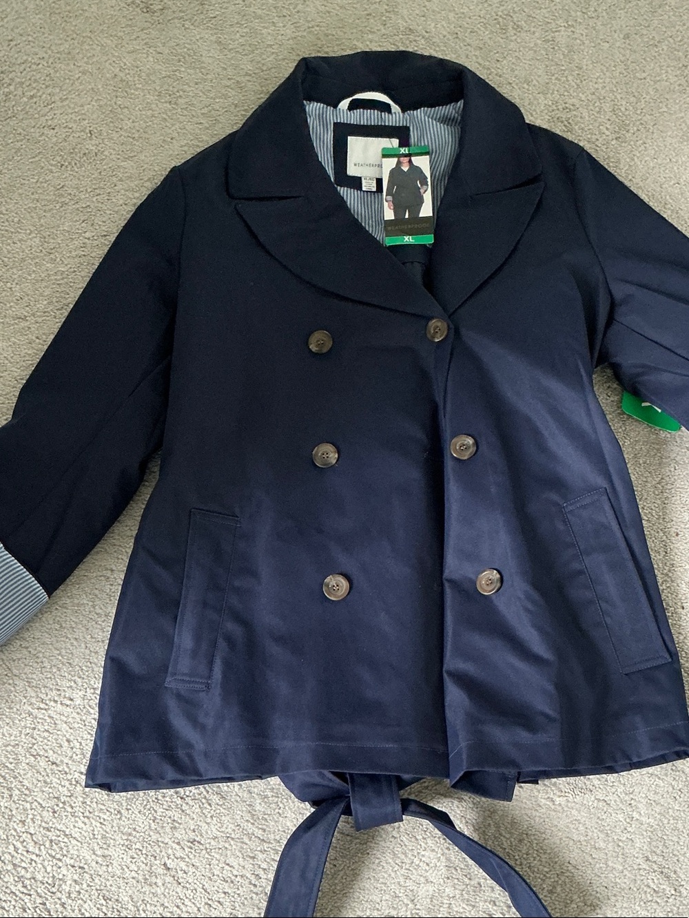 Weatherproof Navy Double-Breasted Pea Coat with Tie Waist
